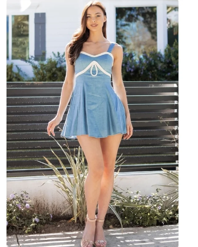 Lori Braid Trim Linen Mini Dress Blue Chic Halter Mini Dress