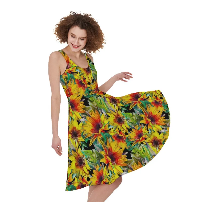 Autumn Sunflower Pattern Print Sleeveless Knee Length Dress Tunics Silk luxurious