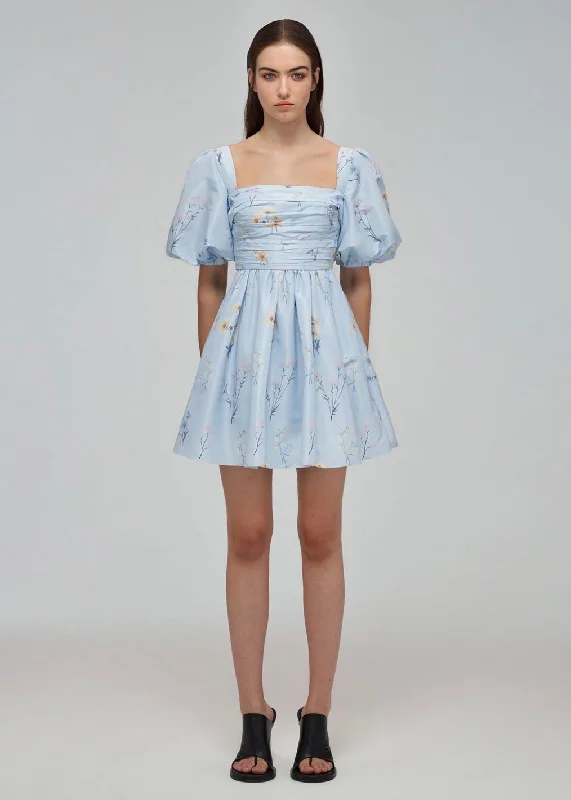 Floral Watercolor Taffeta Mini Dress (Blue) Comfortable Casual Mini Dress