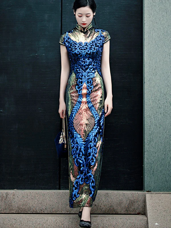 Allover Sequined Ankle-Length Cheongsam Qipao Party Dress Tunics Plaid country