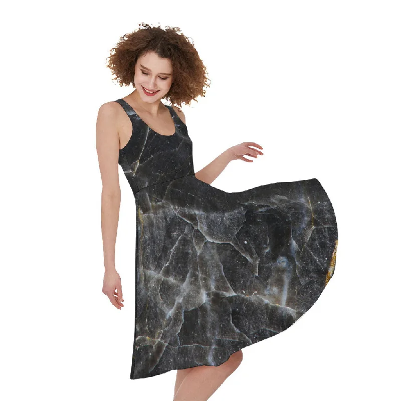 Black Grey Marble Print Sleeveless Knee Length Dress Tunics Yoga stretchy