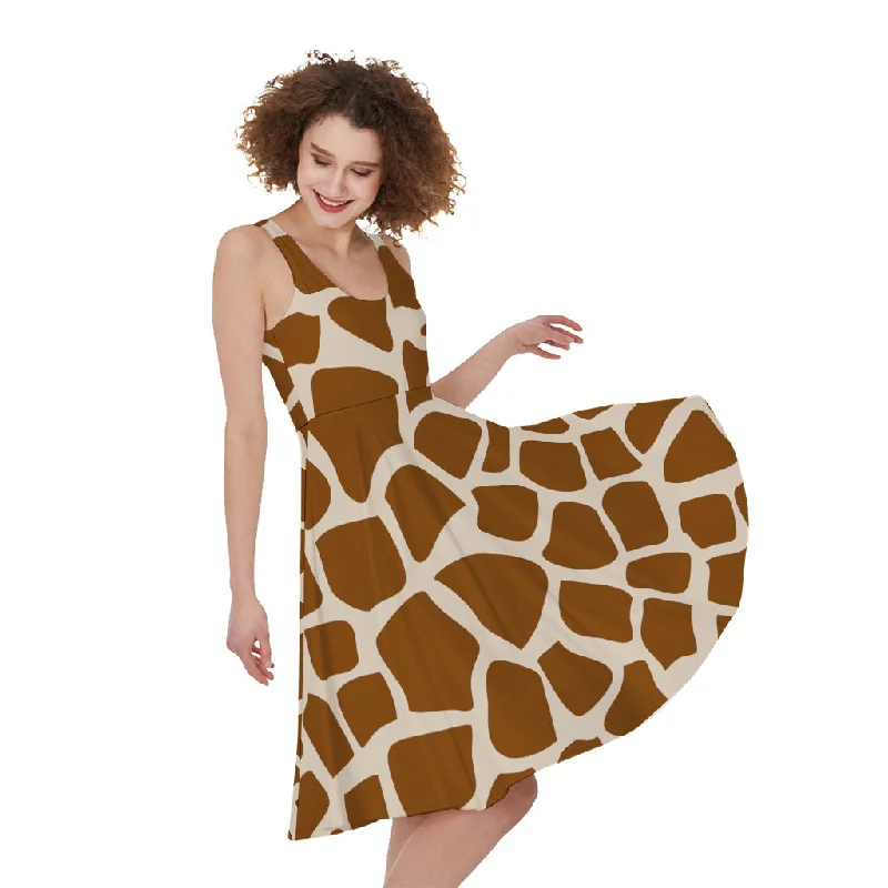 Brown Giraffe Pattern Print Sleeveless Knee Length Dress Tunics Modern contemporary