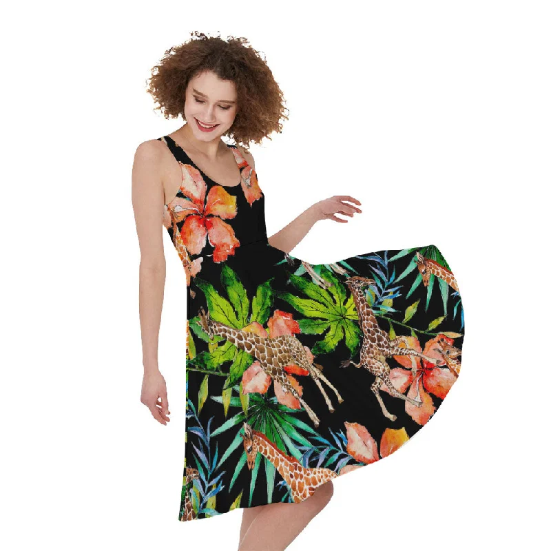 Black Tropical Giraffe Pattern Print Sleeveless Knee Length Dress Tunics Polka dots
