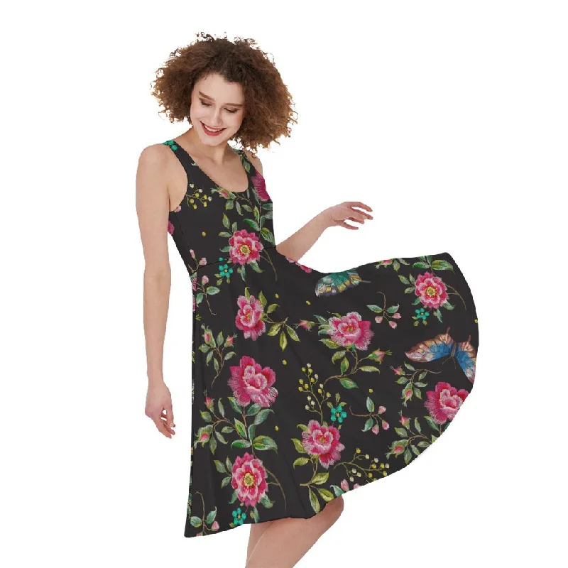 Butterfly And Flower Pattern Print Sleeveless Knee Length Dress Tunics Office stylish