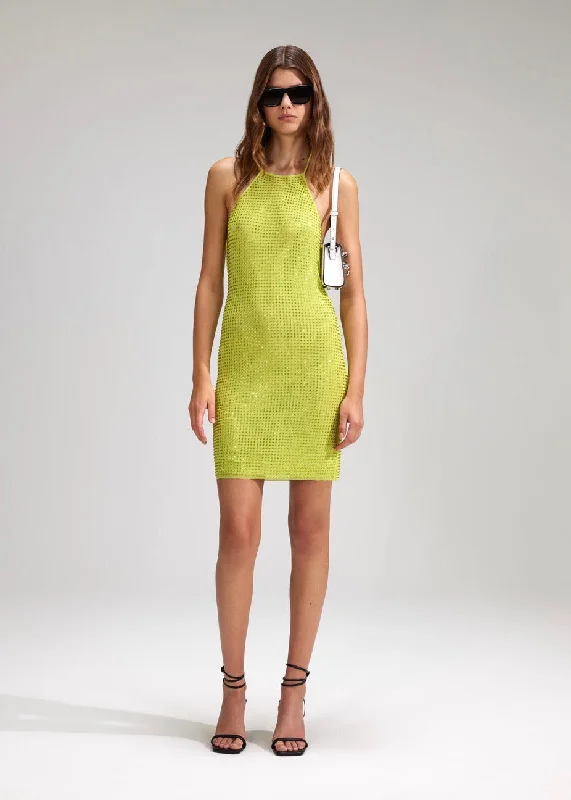 Lime Hotfix Mesh Mini Dress (Green) Comfortable Linen Mini Dress