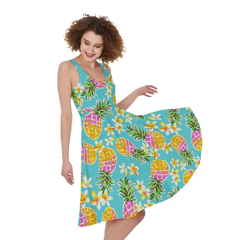 Aloha Summer Pineapple Pattern Print Sleeveless Knee Length Dress Tunics Evening elegant Aloha Summer Pineapple Pattern Print Sleeveless Knee Length Dress Tunics Evening elegant