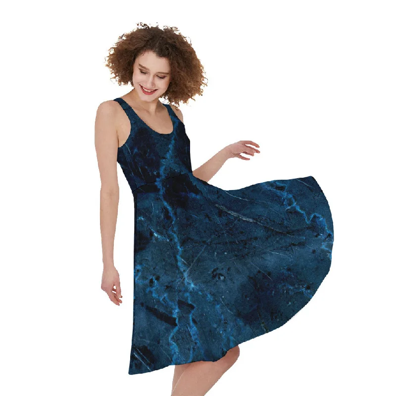 Dark Blue Marble Print Sleeveless Knee Length Dress Elegant Long Evening