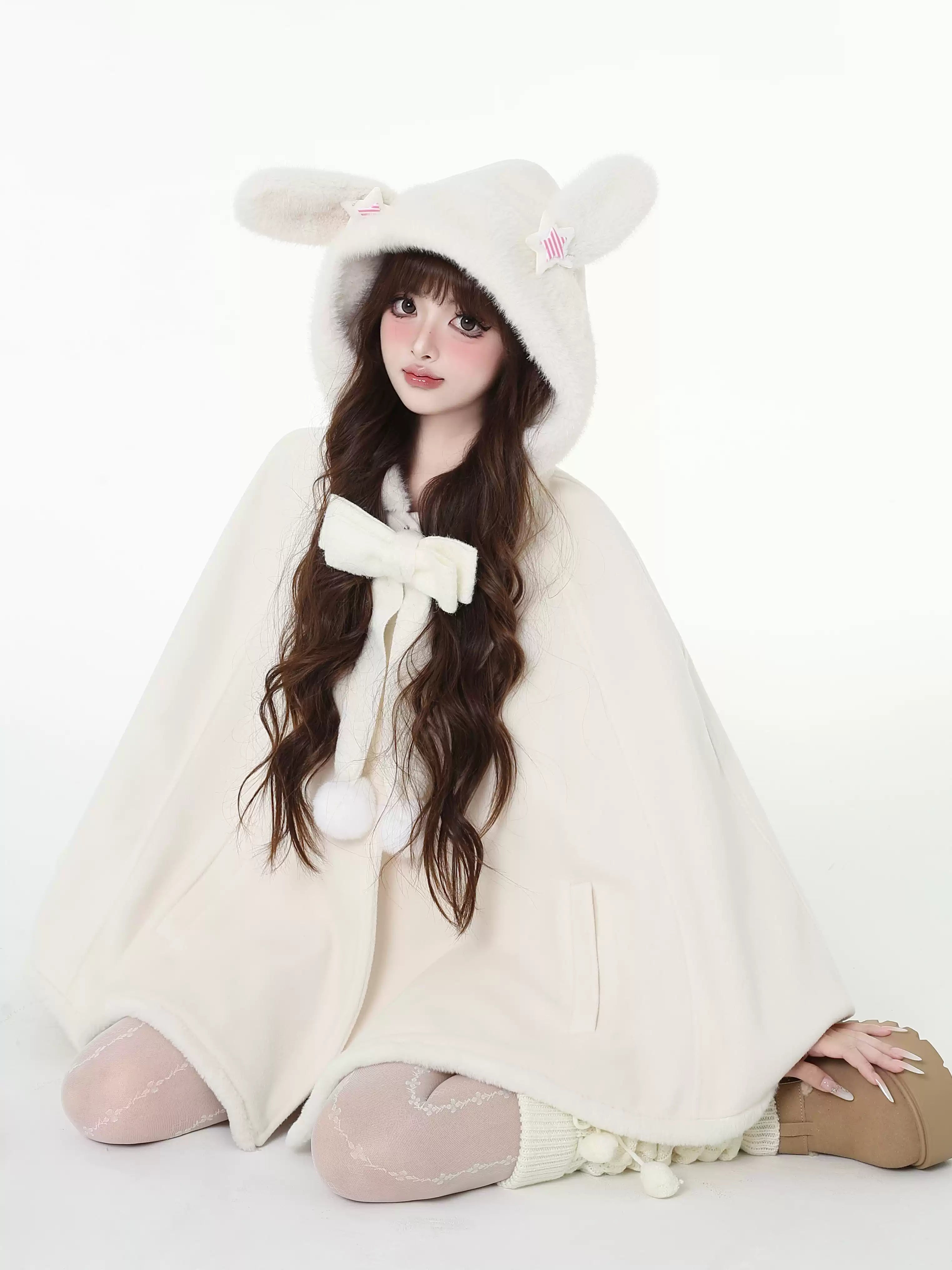 Big Ribbon Cloak Jacket with Rabbit Ear Hood CRA0100 Chenille Fabric Brocade Fabric Lace Fabric Big Ribbon Cloak Jacket with Rabbit Ear Hood CRA0100 Chenille Fabric Brocade Fabric Lace Fabric