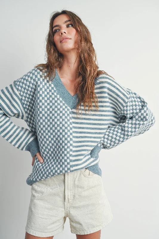 Checker Sweater- Blue Toggled Drawstring Belted