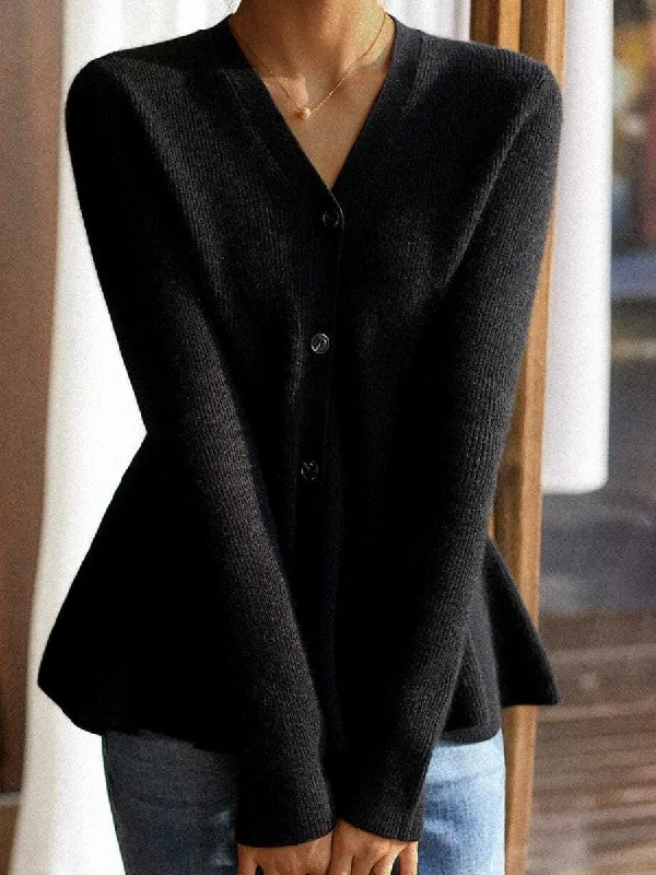 Button-Down Long Sleeve Peplum Knit Sweater Herringbone Houndstooth Plaid