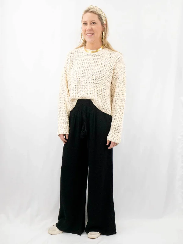Black Linen Smocked Waist Pants Formal Dress Pants