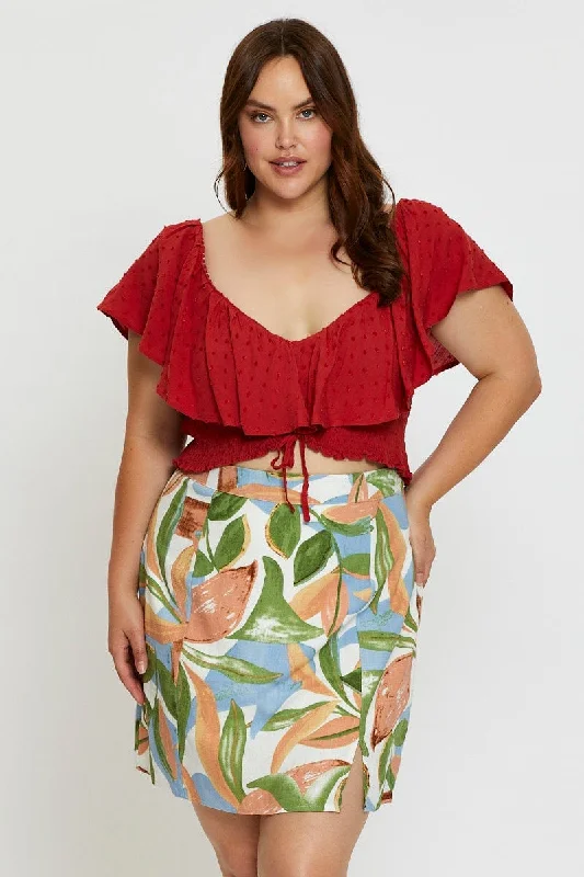 Floral Print Mini A Line Skirt Front Split silk skirt smooth