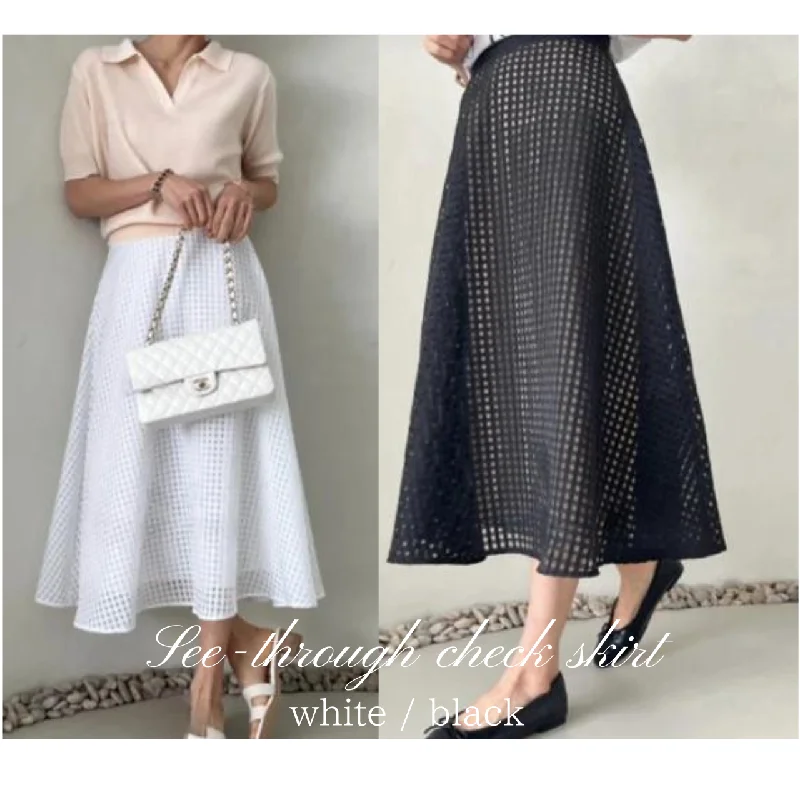 see-through check skirt spandex blend skirt