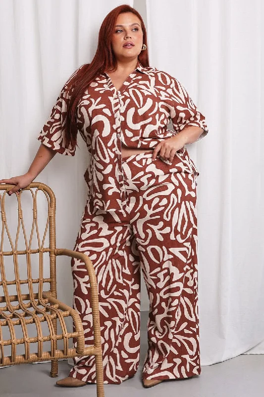 Brown Geo Wide Leg Pants Relaxed High-Waist Trousers