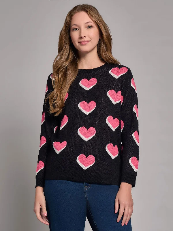 Heart Print Crew Neck Sweater Faux Fur Fabric Real Fur Fabric Shearling Fabric