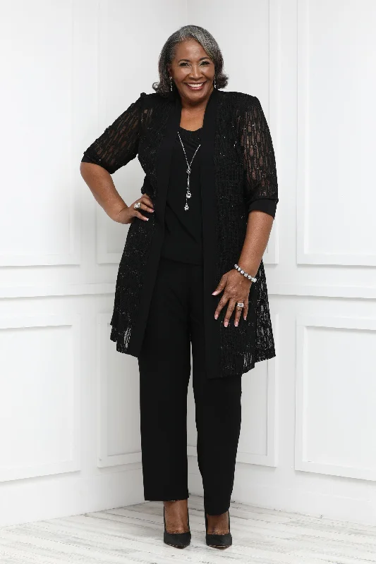 R&M Richards 3 Piece Sequin Lace Jacket Pantsuit with Necklace Rayon Jacket Velvet Jacket Corduroy Jacket