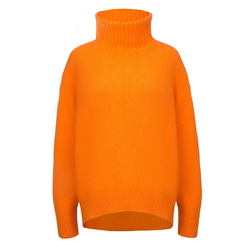 Hot Orange 100% Cashmere Turtleneck Sweater Mesh Sweater Canvas Denim
