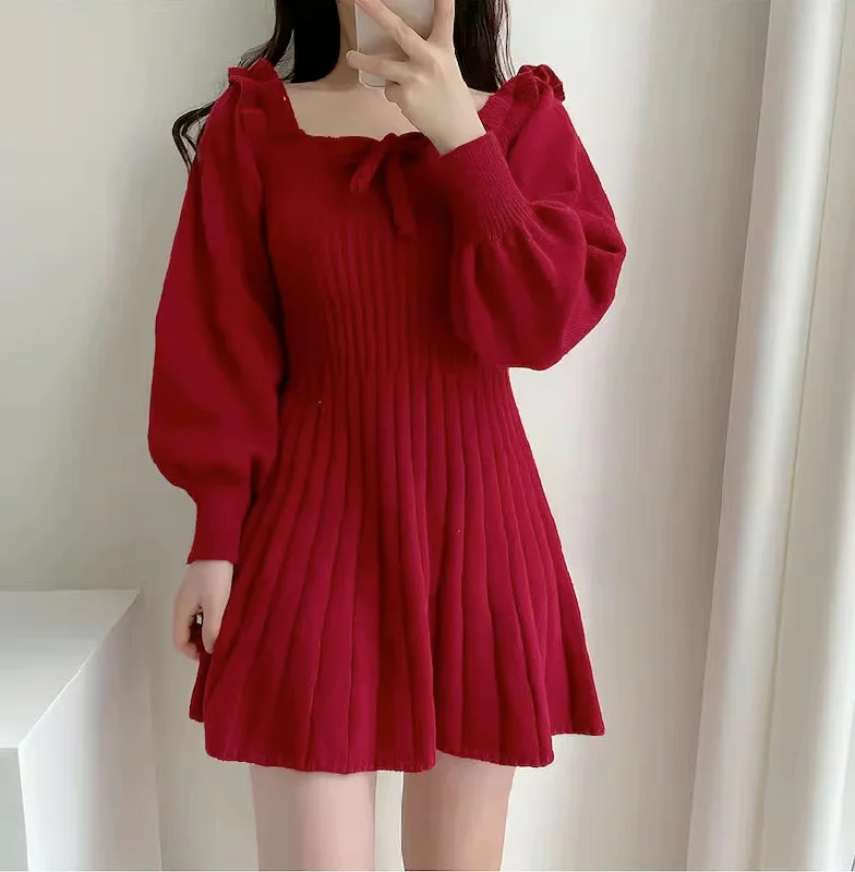Ribbed Square Neck Mini Sweater Dress (Red) Modern Contemporary Chic