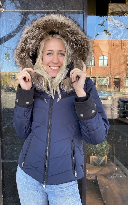 M. Miller Christina Navy Quilted Jacket With Natural Finn Racoon Notch Collar Jacket Peter Pan Collar Jacket Cowl Neck Jacket