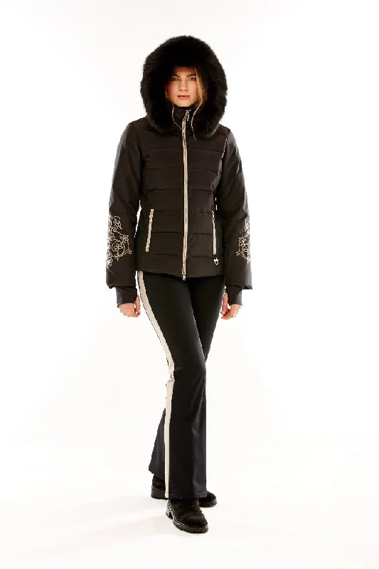 M. Miller Women's Keirsten Black Stretch Paneled down Jacket W/ Black Fox Trim Collared Jacket Crew Neck Jacket Turtle Neck Jacket