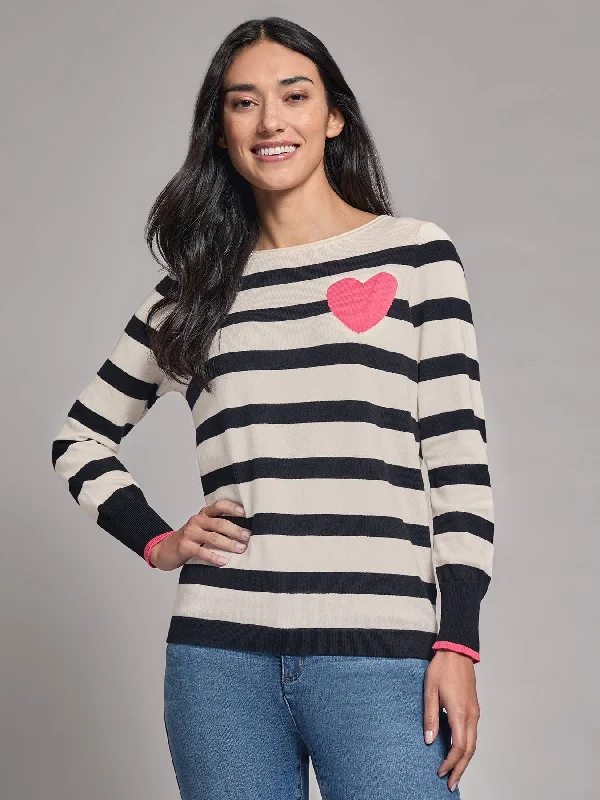 Heart Detail Stripe Boat Neck Sweater Denim Fabric Leather Fabric Suede Fabric