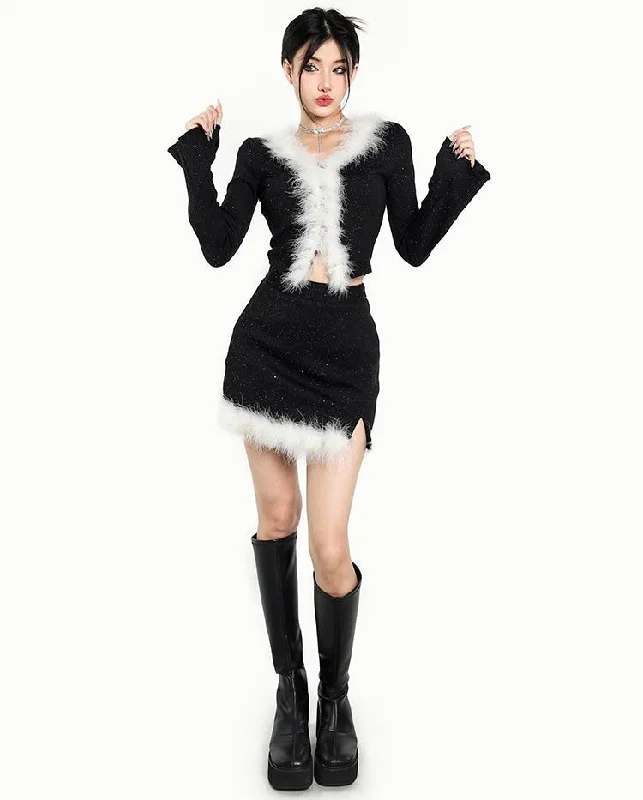 Estrella Patchwork Solid Color Faux Fluffy Fur Top Mini Skirt Matching Set chiffon skirt floaty