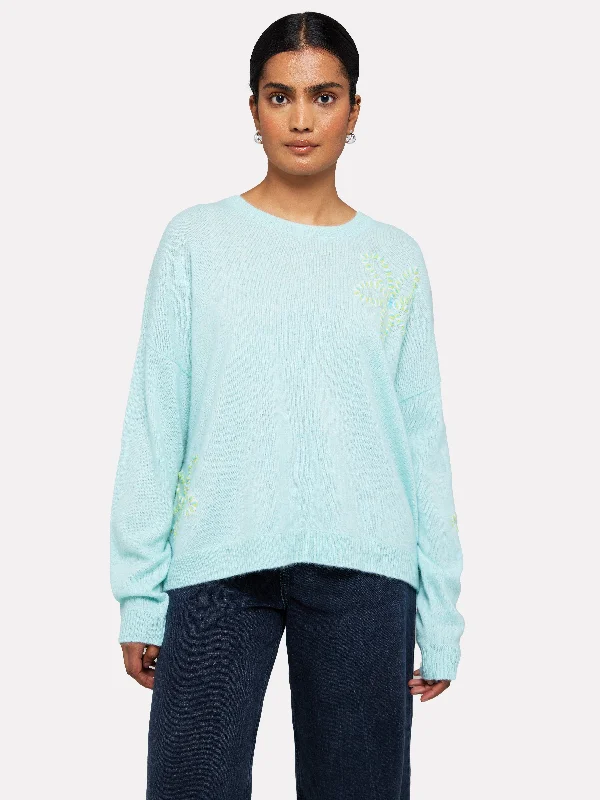 Brodie Cashmere Embroidered Flower Sweater Welt Pockets Slit Pockets Flap Pockets
