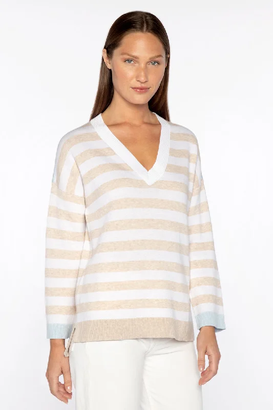 Kinross Stripe Trim V-Neck Sweater Silk Blend Satin Velvet