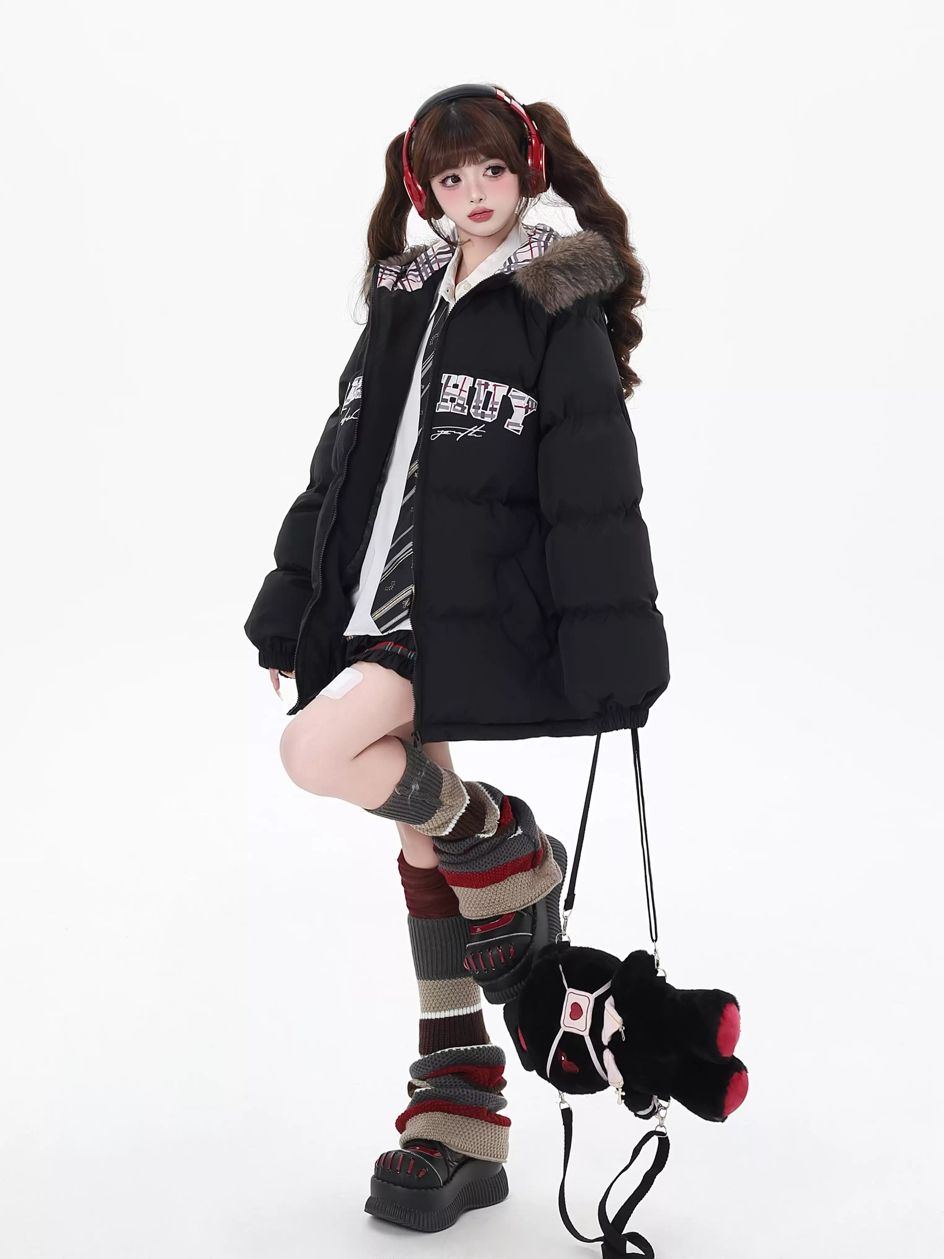Letter Print Fur Hooded Loose Down Jacket CRA0085 Knit Fabric Woven Fabric Fleece Fabric Letter Print Fur Hooded Loose Down Jacket CRA0085 Knit Fabric Woven Fabric Fleece Fabric