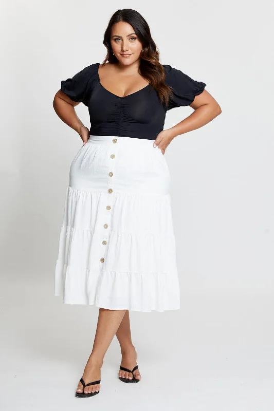 White Midi Skirt Mock Button leather skirt refined
