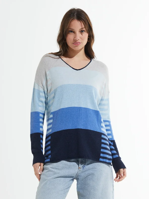Block Stripe V-Neck Sweater Front Pockets Side Pockets Patch Pockets