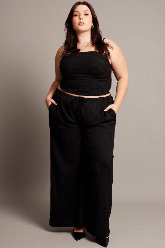 Black Wide Leg Textured Pants Elegant Palazzo Trousers