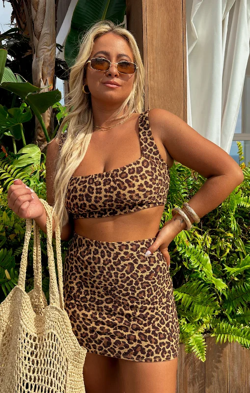 Mary Mini Skirt ~ Leopard Contour Scrunch denim skirt trendy