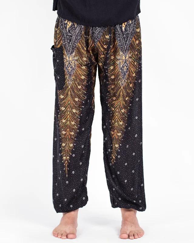 Unisex Peacock Feathers Harem Pants in Black Cozy Jogger Leggings